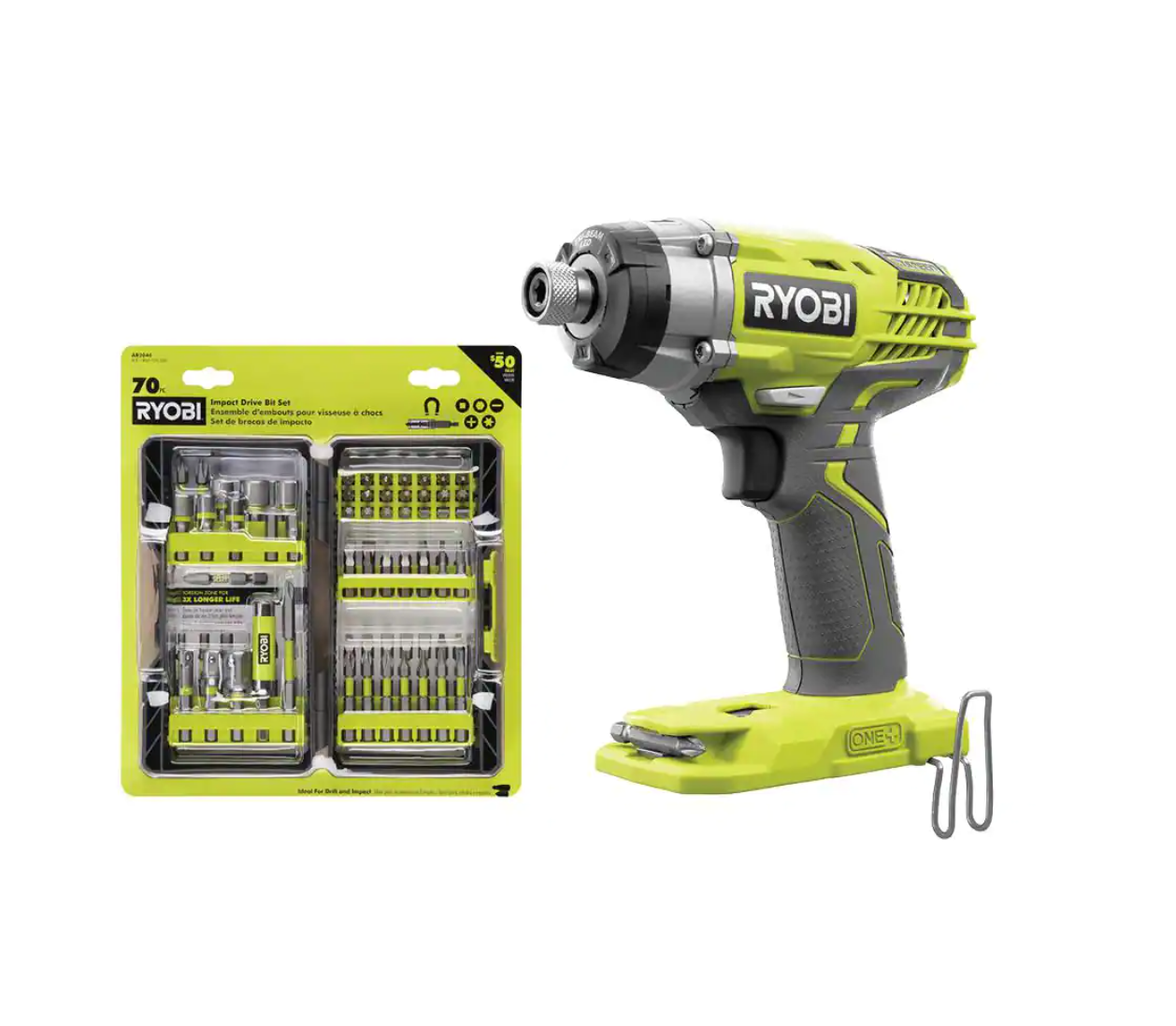 RYOBI P237-AR2040 ONE+ 18V Cordless 3-Speed 1/4 in. Hex Impact Driver (Tool Only) with Impact Rated Driving Kit (70-Piece)