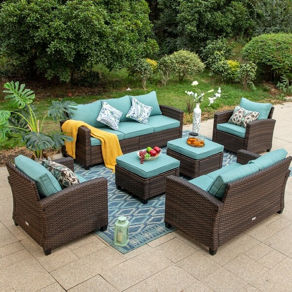 9Seat Patio Furniture Wicker Rattan Outdoor Highback Sectional Sofa Conversation Set with Firepit Table