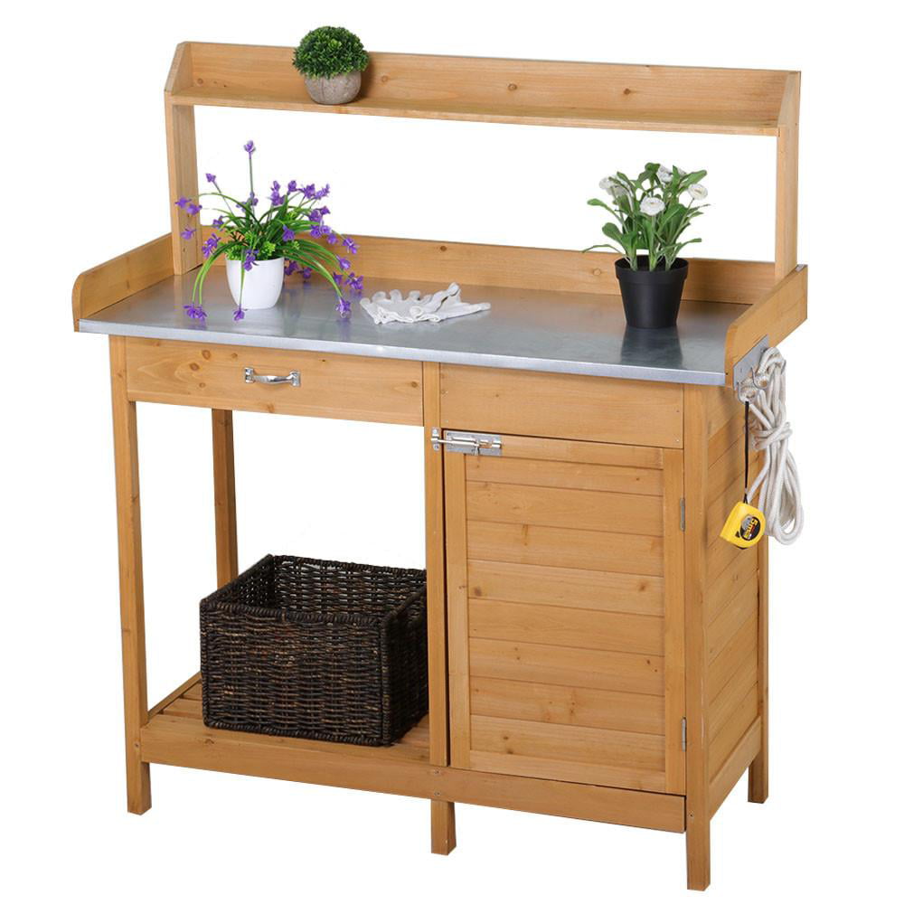 Yaheetech Outdoor Garden Potting Bench Potting Tabletop with Cabinet Drawer Open Shelf Work Station