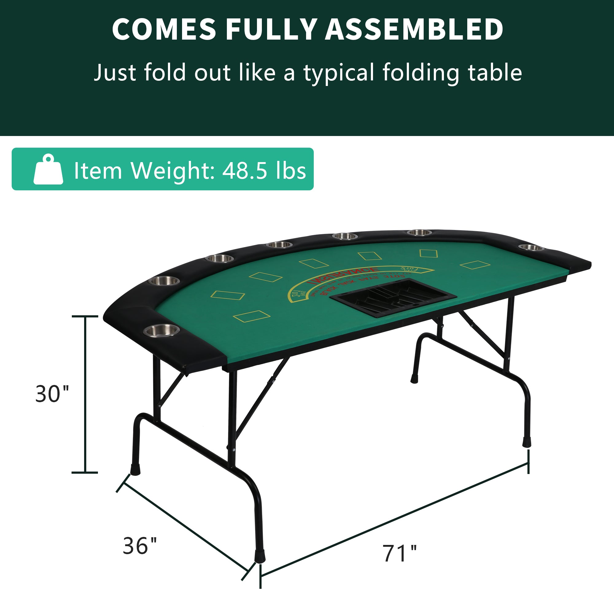 Karmas Product Folding Poker Table for 7 Player,71" Blackjack Table with Foldable Legs and Removable Metal Cup Holder,Green Felt