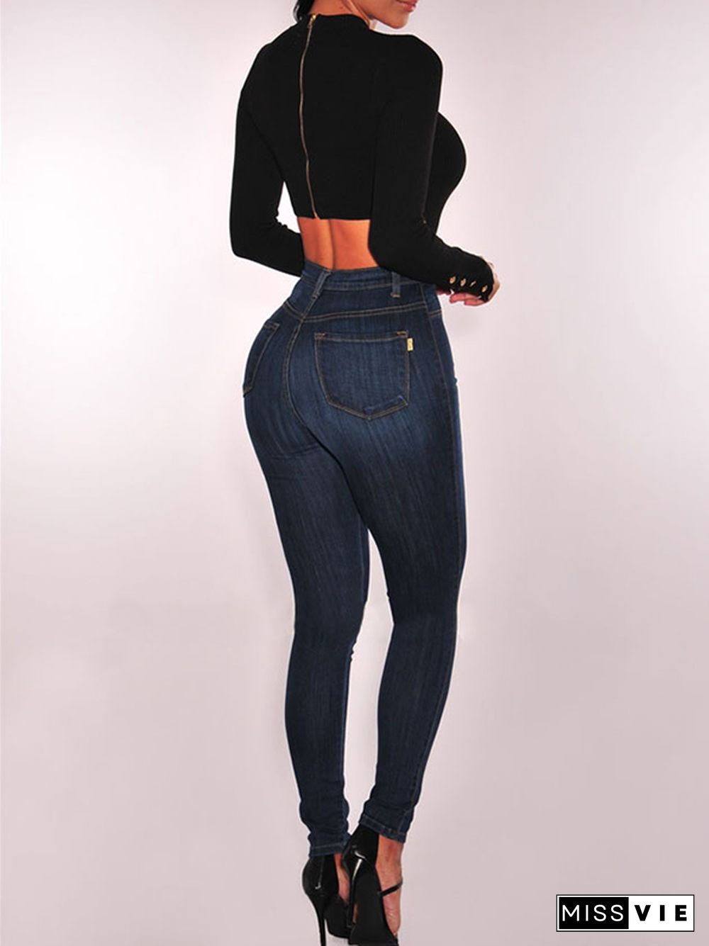 Skinny Leg High-Waisted Split-Joint Jean Pants Bottoms