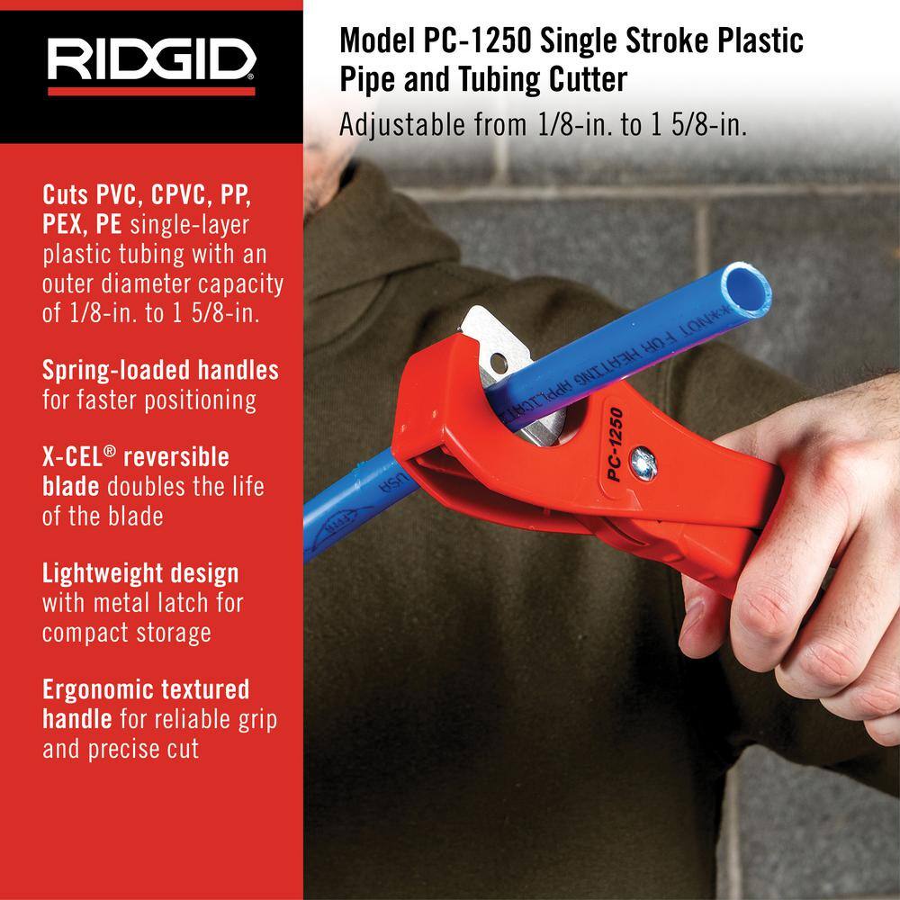 RIDGID 18 in. - 1-58 in. PC-1250 PEX and Vinyl Tubing Cutting Tool Single Stroke Scissor Style Cut with Reversible Blade 23488