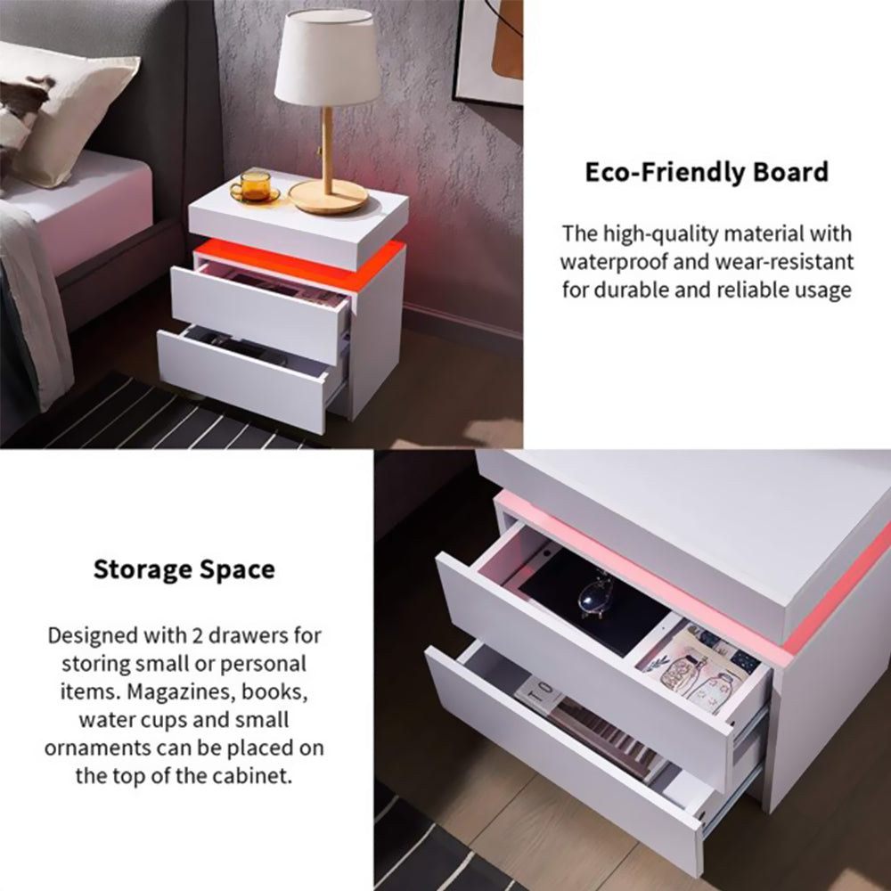 High Gloss Bedside Table Thicken LED Nightstand Cabinet With 2 Drawers,Brighten LED Light Strip Remote Control,White (High Quality Upgraded Version)