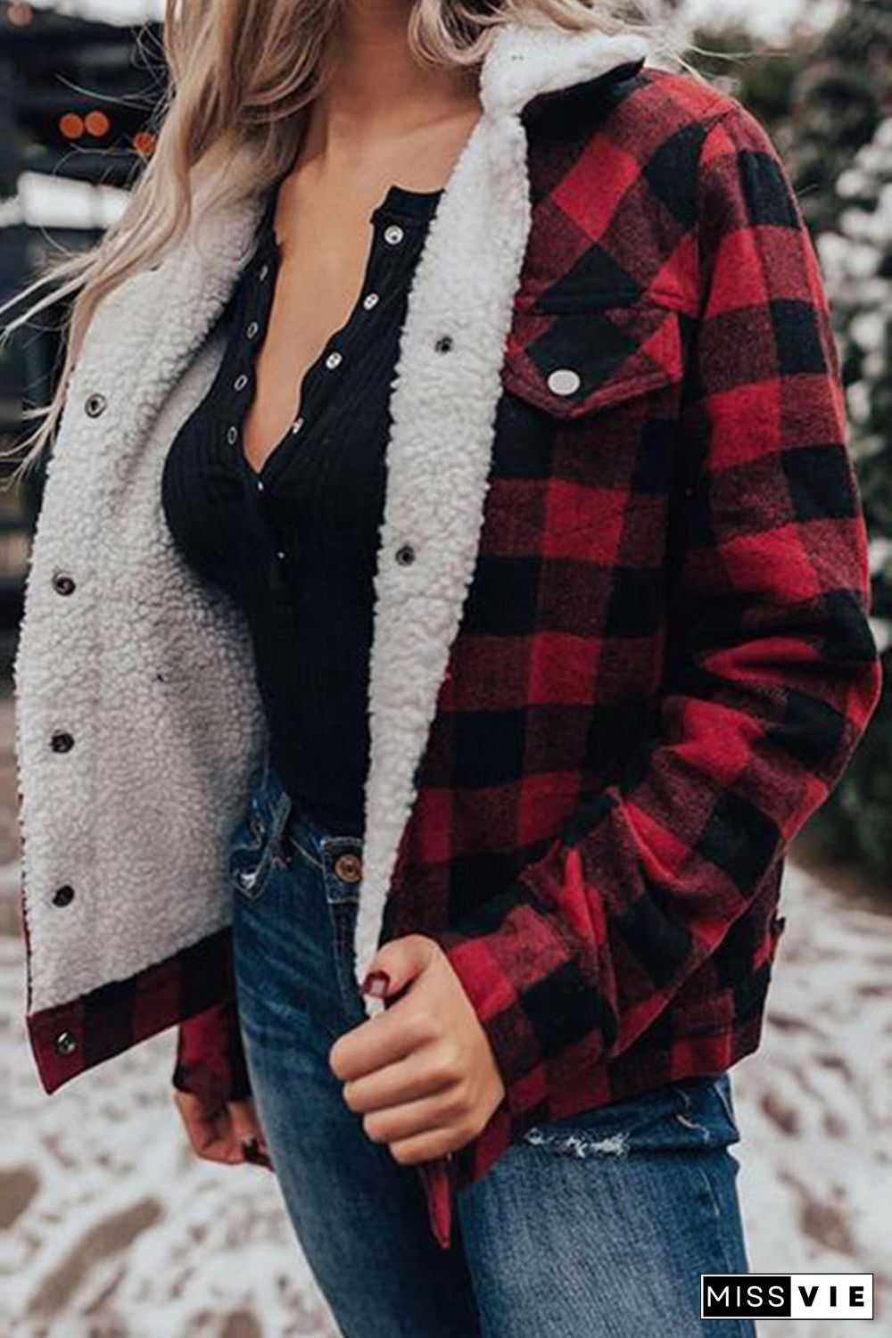 Red Plaid Print Fleece Button Jacket