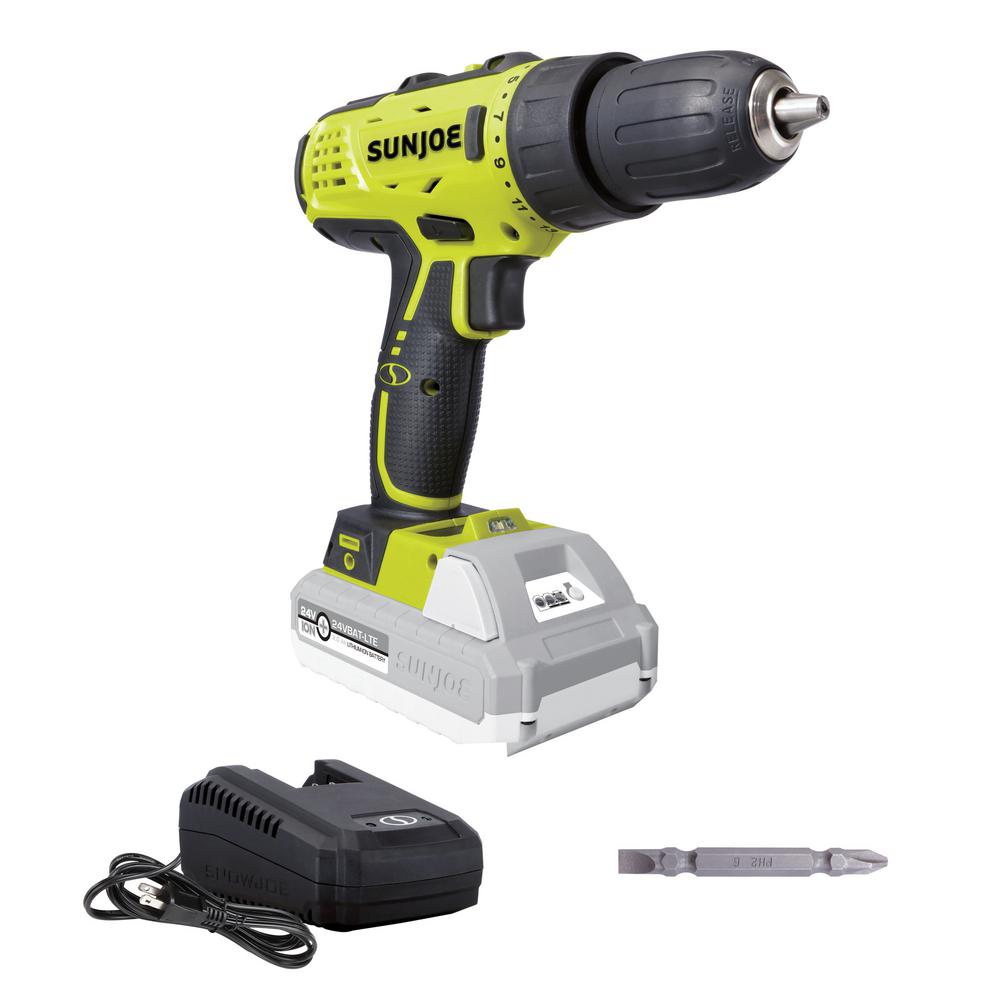 Sun Joe 24-Volt 0.5 in. Chuck Lithium-iON Cordless Drill/Driver Kit with 2.0 Ah Battery + Charger and#8211; XDC Depot