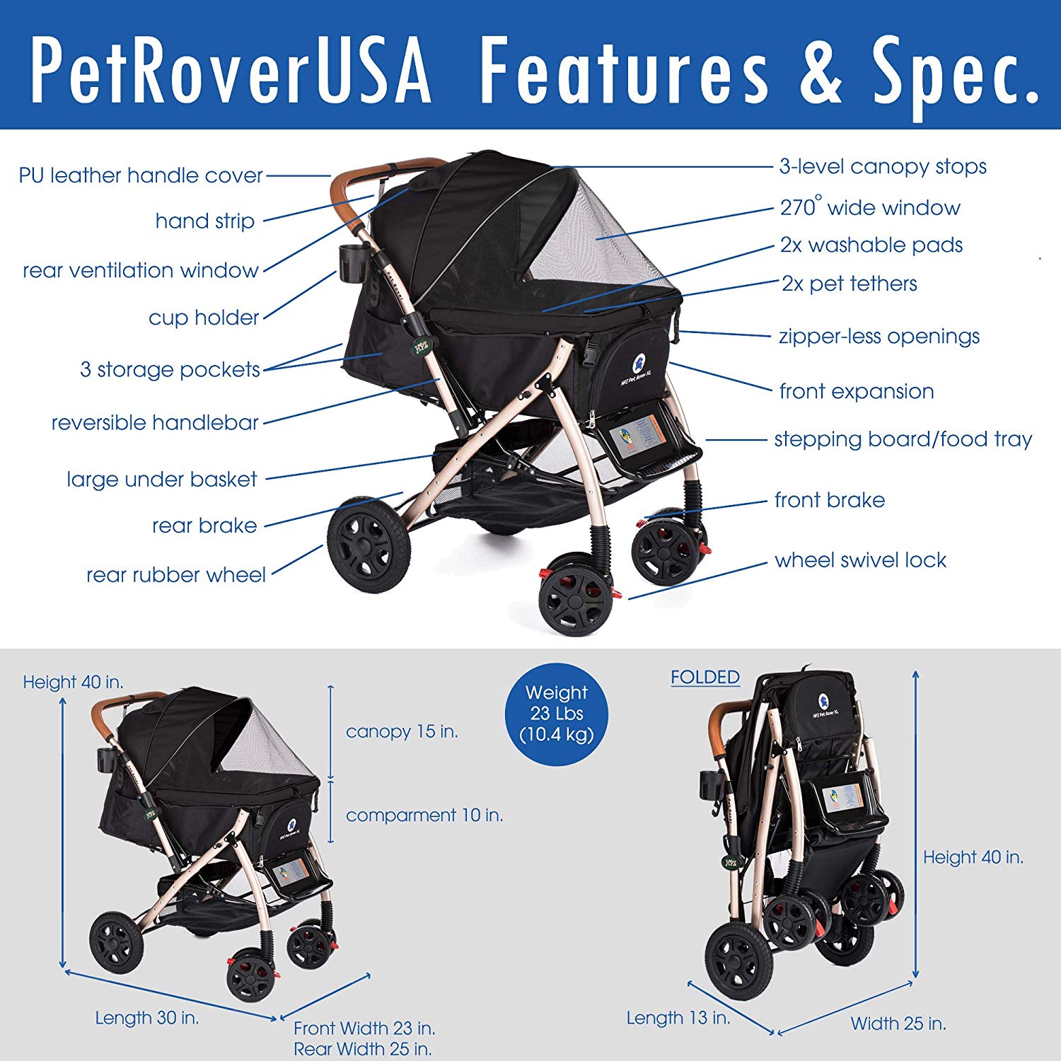 HPZ Rover Premium Heavy Duty Pet Stroller， Black