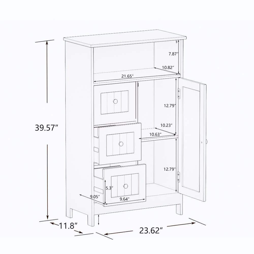 2362 in W x 118 in D x 3957 in H White Bathroom Wall Cabinet with 3 Drawers and 1 Door