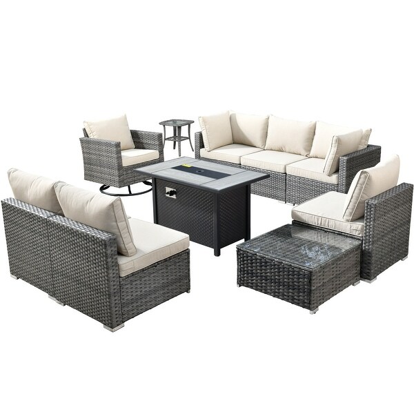 HOOOWOOO 10piece Patio Wicker Furniture Sectional Sofa Set Swivel Rocker with Fire Pit Table