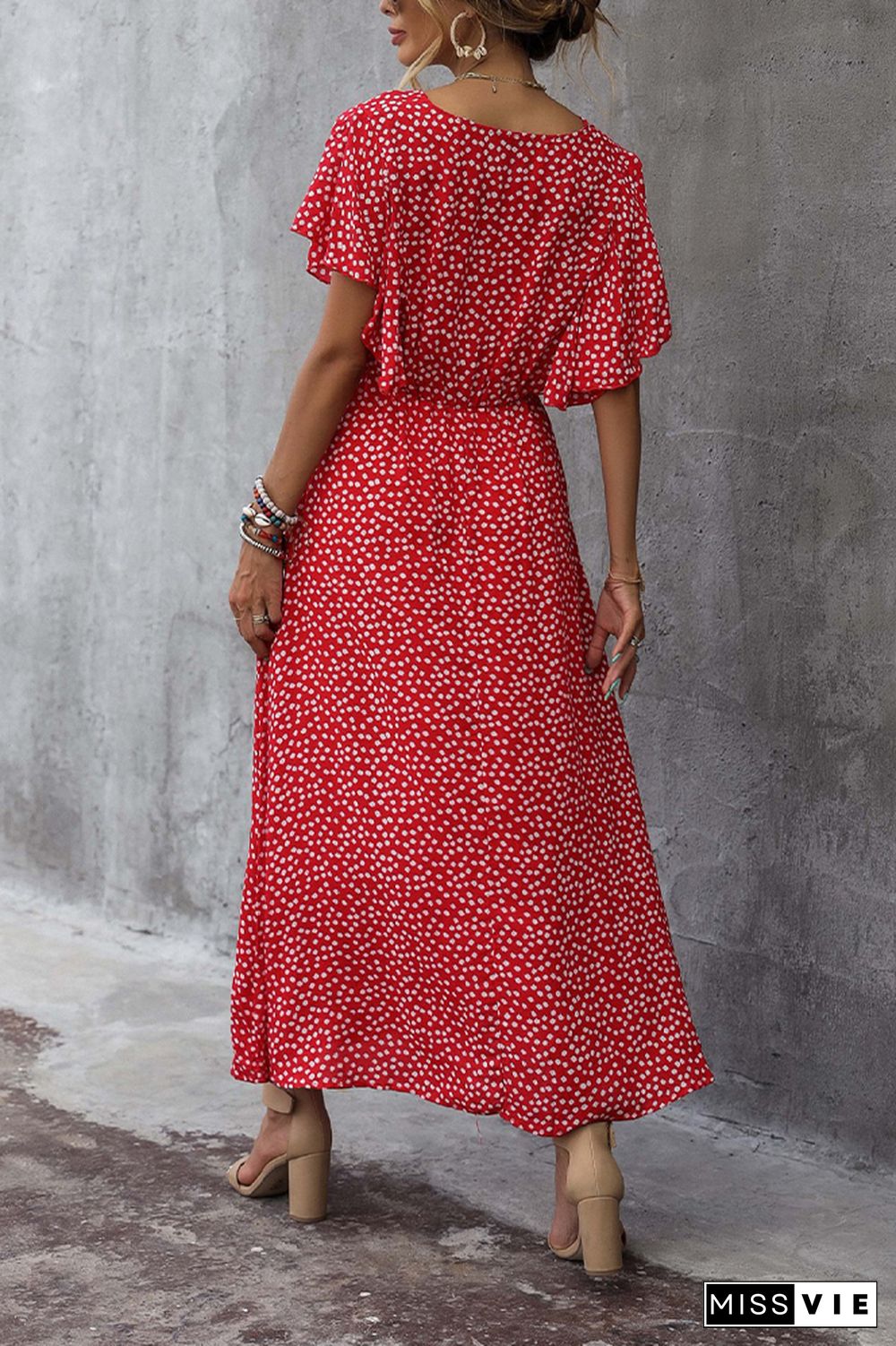 Polka Dot Print V Neck Long Dress Wholesale