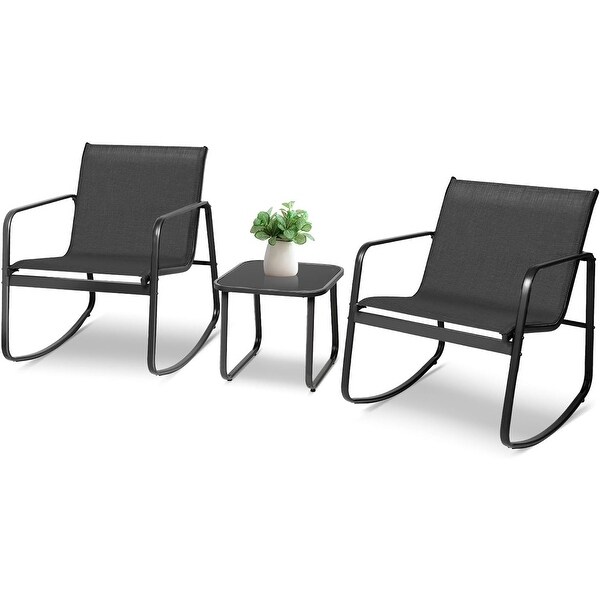 3Piece Outdoor Patio Rocking Chair Bistro Set with Glass Top Coffee Table