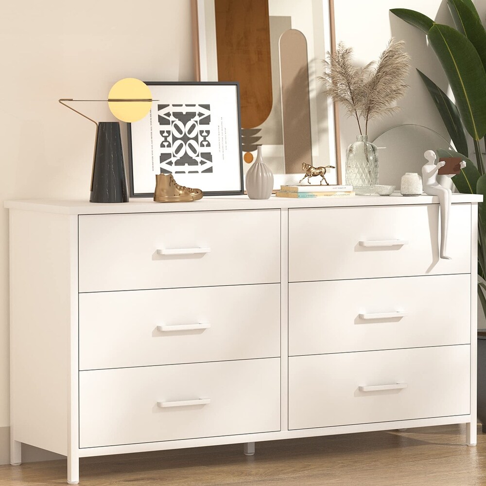 6 Drawer White Dresser  Industrial Wood Dresser for Bedroom  Sturdy Steel Frame