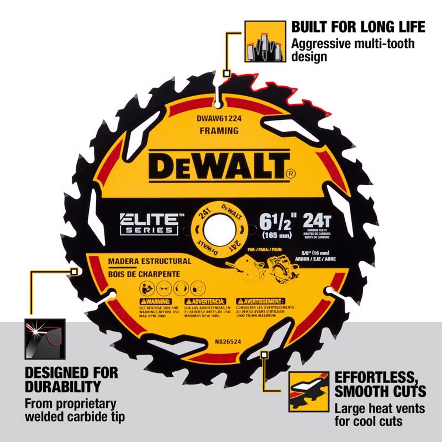 DW Elite Series 6-1/2 in. D X 5/8 in. Carbide Circular Saw Blade 24 teeth 1 pk