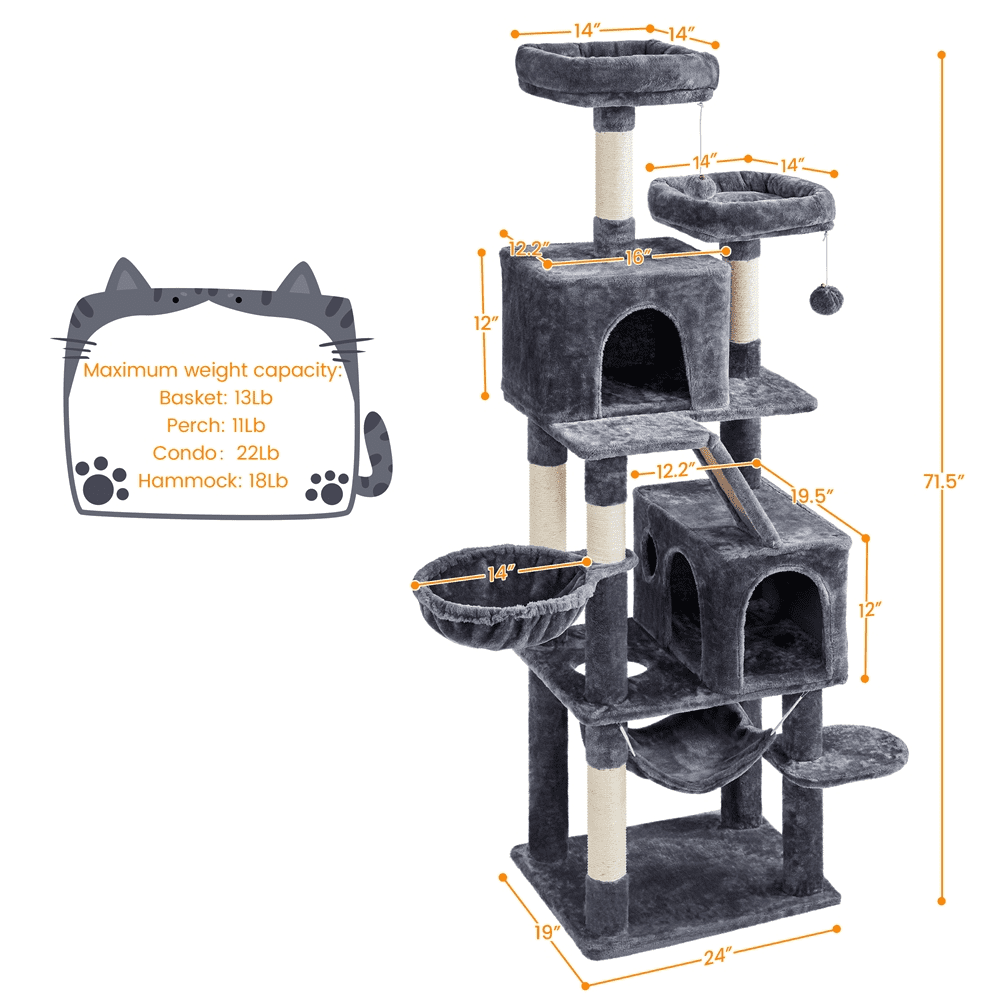 SMILE MART 71″ H Multi-Level Large Cat Tree with 2 Cozy Perches 2 Condos，Dark Gray