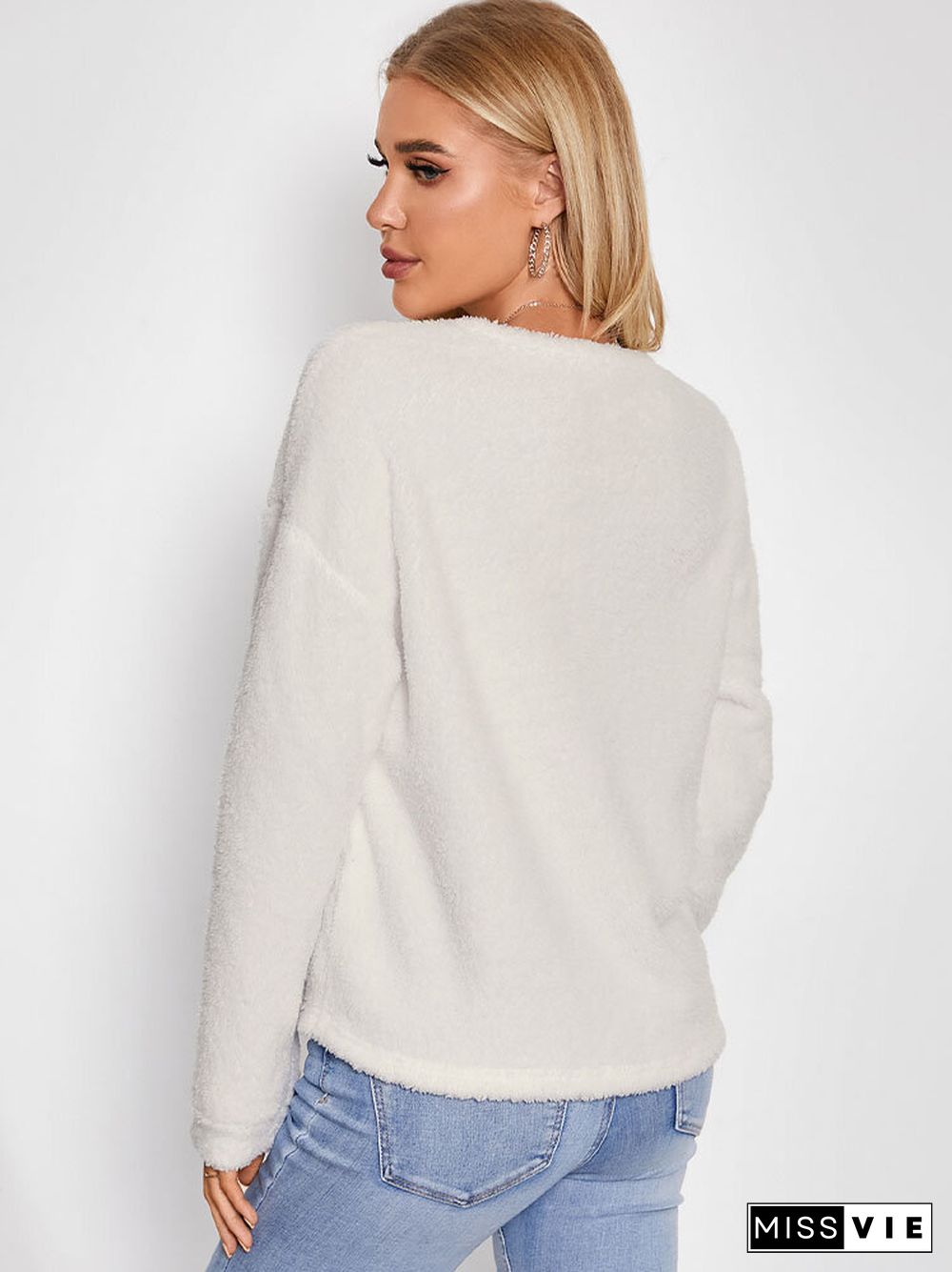 Solid Color Teddy Front Button O-neck Casual Long Sleeve Sweatshirt