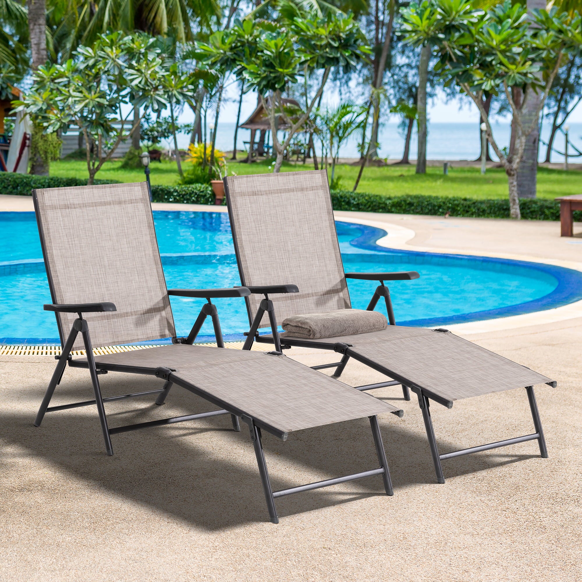 Walsunny Patio Chaise Lounge Chairs Set of 2 Outdoor Adjustable Textiline Folding Reclining Lay Out Chairs Brown