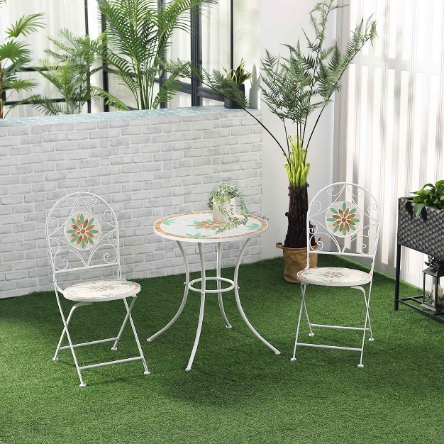 Outsunny 3 Piece Patio Bistro Set Metal Folding Chairs Foldable Outdoor Dining Table Stone Flower Mosaic Spring Flower Pattern White