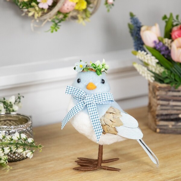 Plush Bluebird with Gingham Bow Easter Figurine