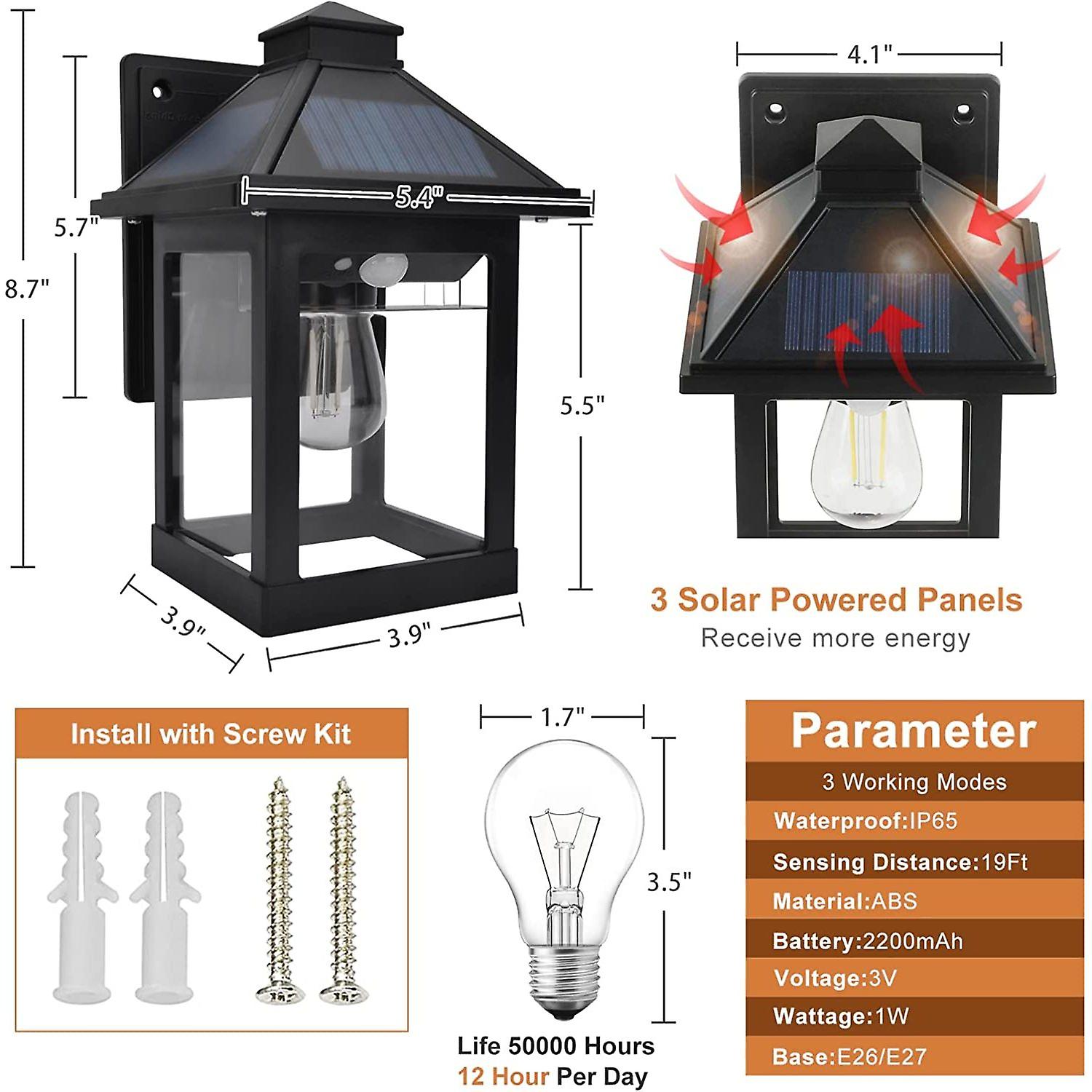 Dexusay 2 Pack Solar Wall Lanterns Outdoor With 3 Modes， Wireless Dusk To . . Sensor Led Sconce Lights Ip65 Waterproof， Exterior Front Porch Security