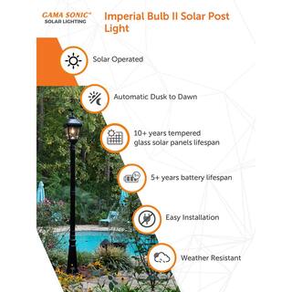 GAMA SONIC Imperial II Bulb 1-Light Black Resin LED Outdoor Solar Post Light with 3 in. Fitter 96B50012