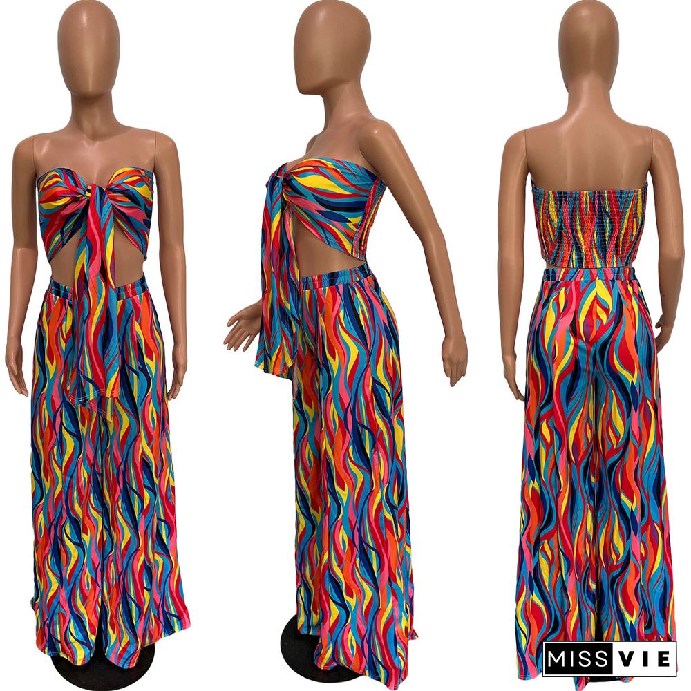 Spring/Summer Colorful Print Tube Top Wide Leg Pants Set