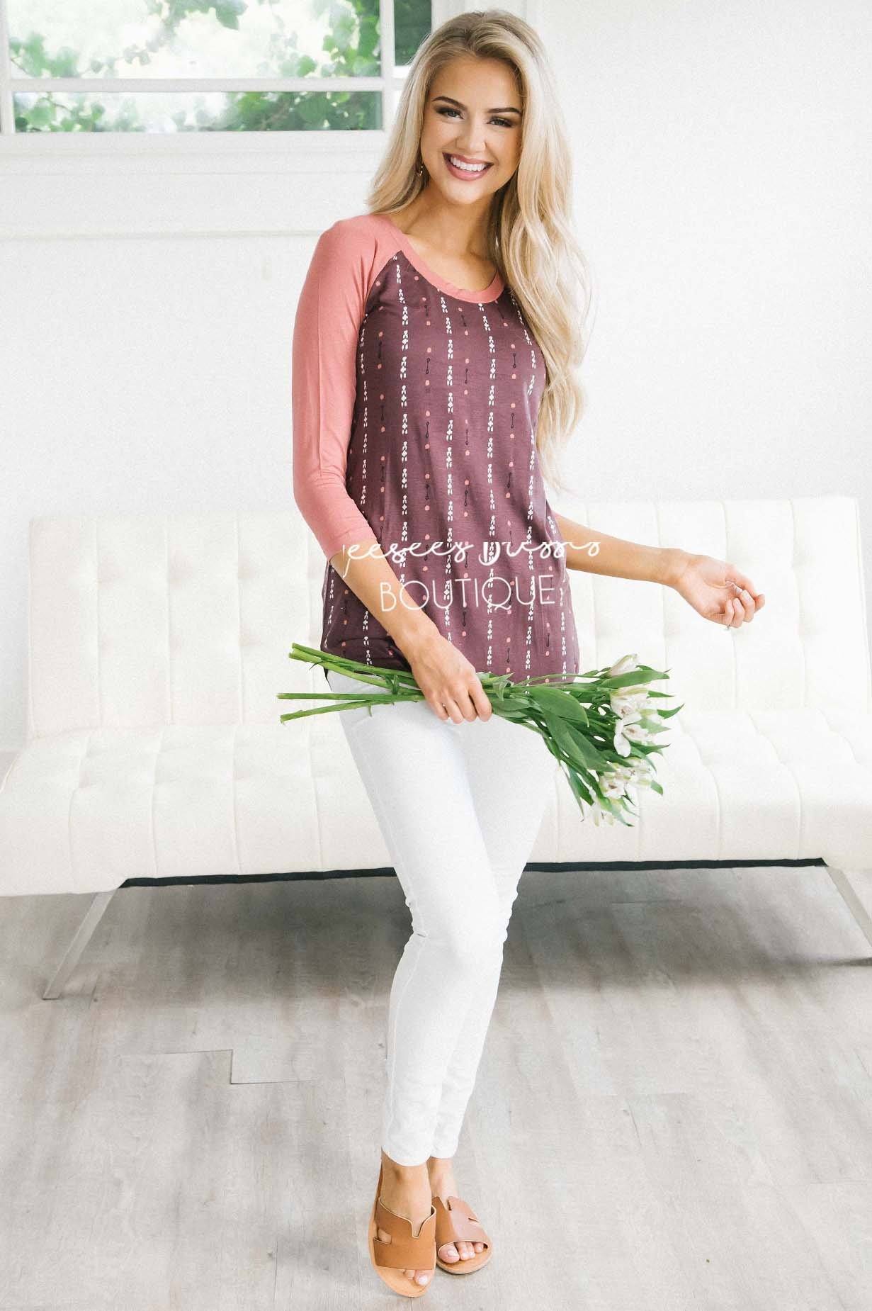 Arrow Geo Print Mauve Baseball Sleeve Tee