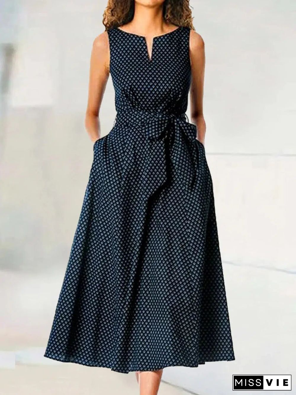 Navy Polka Dot Sleeveless Midi Dress