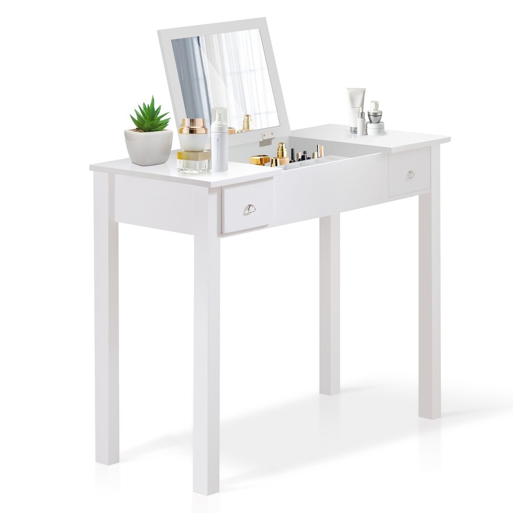 Accent Vanity Table Set with Flip Top Mirror  2 Small Drawers and Stool  Bedroom Storage Compartment Makeup Vanity