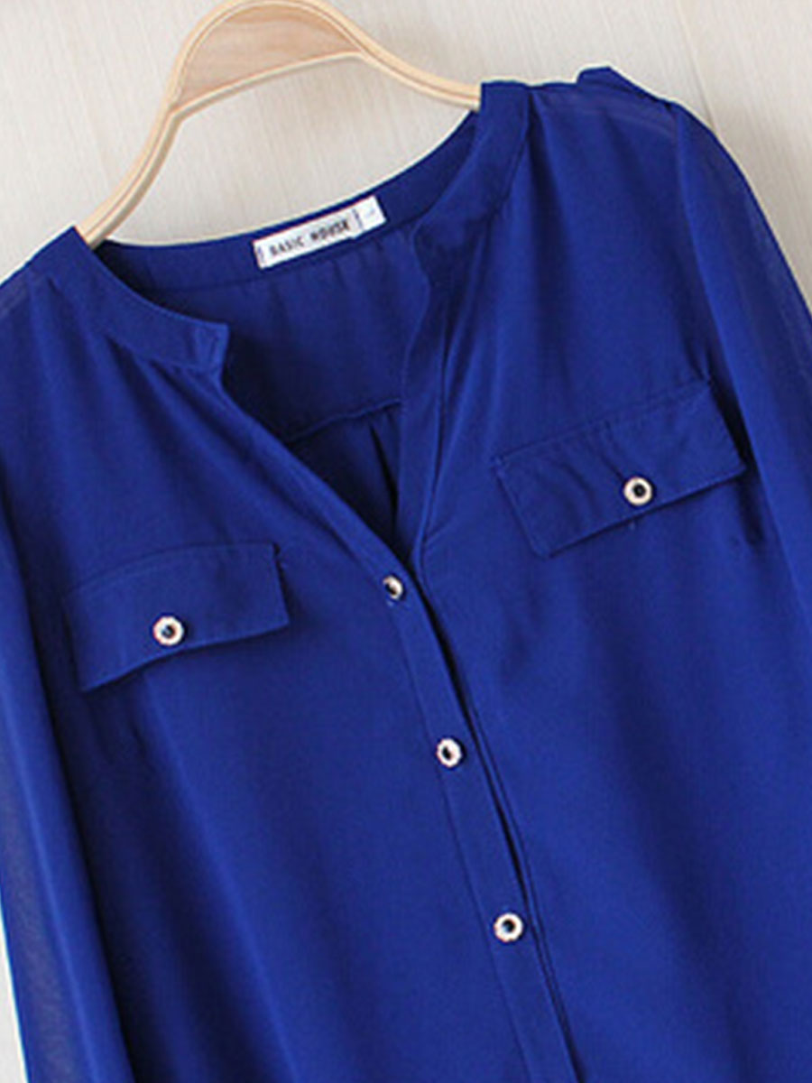 High-end Fashion Simple Double Pocket Stand Collar Loose Chiffon Long-sleeved Shirt