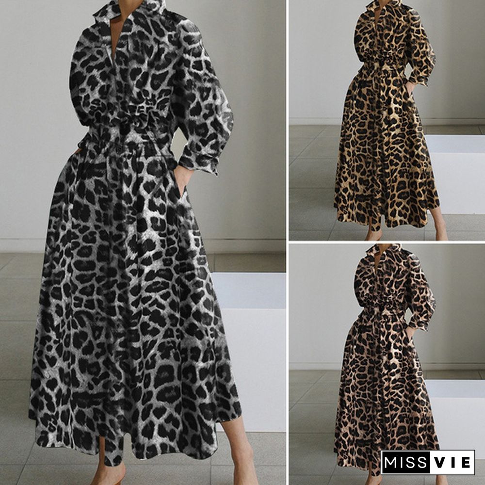 Women Bohemian Leopard Print Maxi Dress Elegant Full Sleeve Casual Swing Mid-Calf Length Sundress