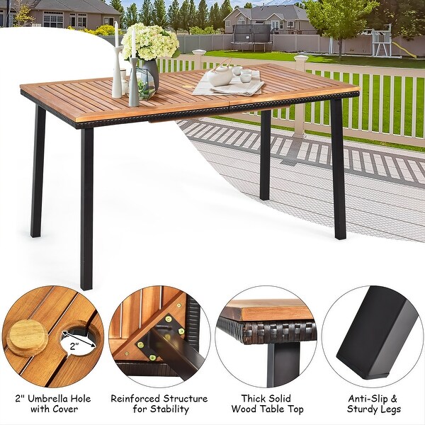 Costway 7 PCS Patio Rattan Dining Set Acacia Wood Table Top Stackable