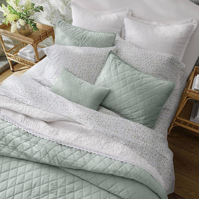 Laura Ashley Diamond Velvet Green Quilt Set with Shams