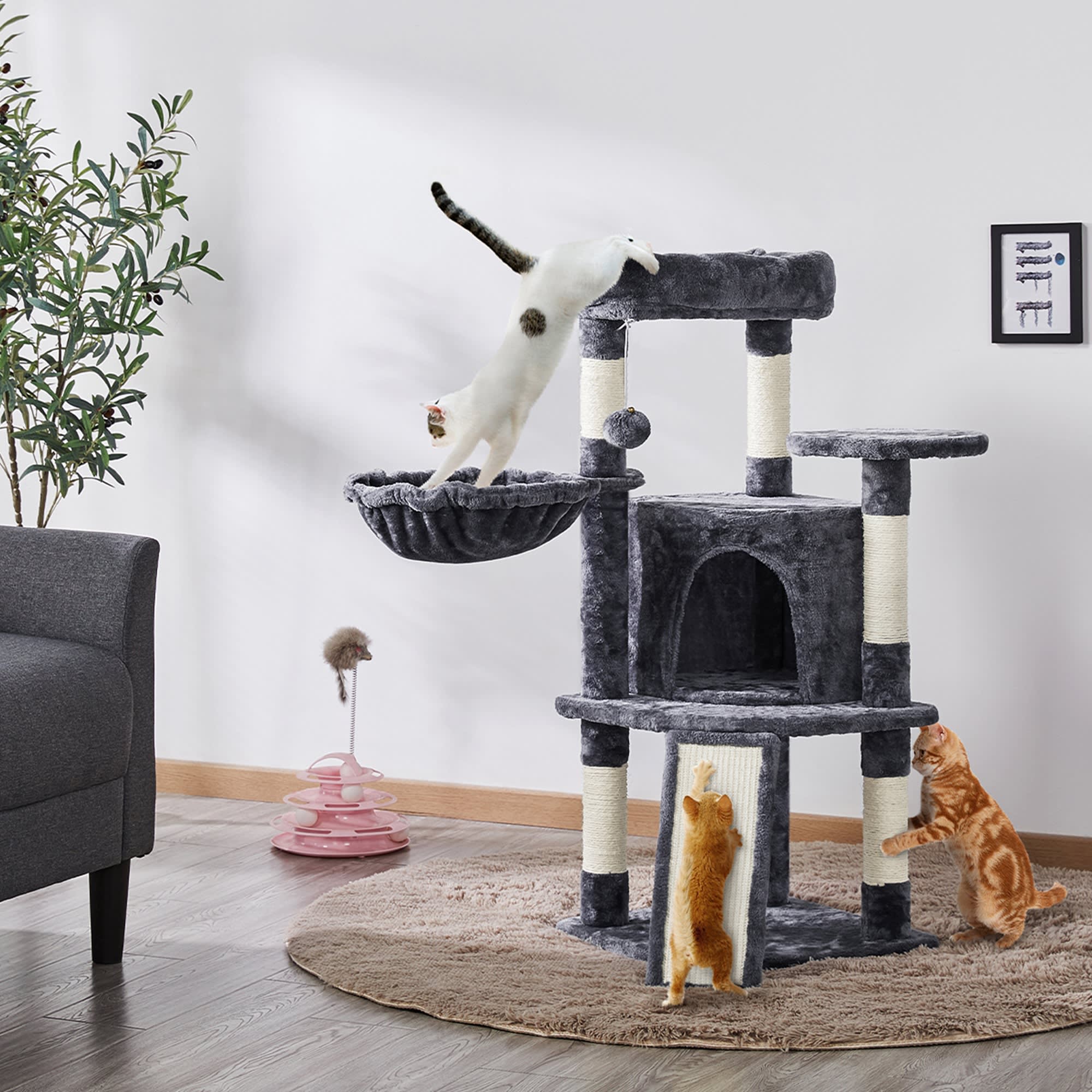 TOPEAKMART Dark Gray Medium Plush Cat Tree Condo with Basket， 42