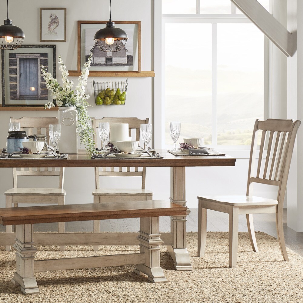 Eleanor Antique White Farmhouse Trestle Base 6 Piece Dining Set   Slat Back by iNSPIRE Q Classic