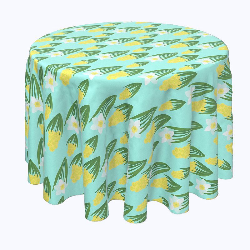 Round Tablecloth， 100% Polyester， 60 Round， White Daffodils and Yellow Hyacinths