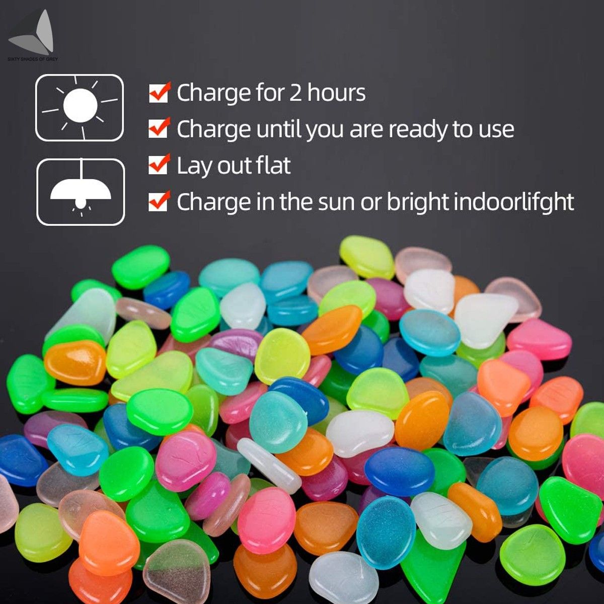 Sixtyshades 100 PCS Luminous Pebbles Stones, Glow in The Dark Pebbles Stones DIY Decorative for Yards Lawns Walkways Garden Driveway Plants and Aquarium (Green)