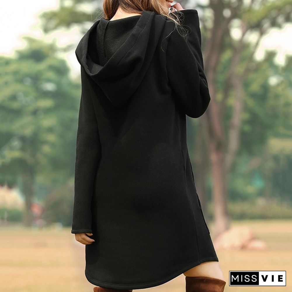 6 Colors S-3Xl Women Plus Size Solid Color Long Sleeve Loose Pocket Drawstring Hoodies Dress