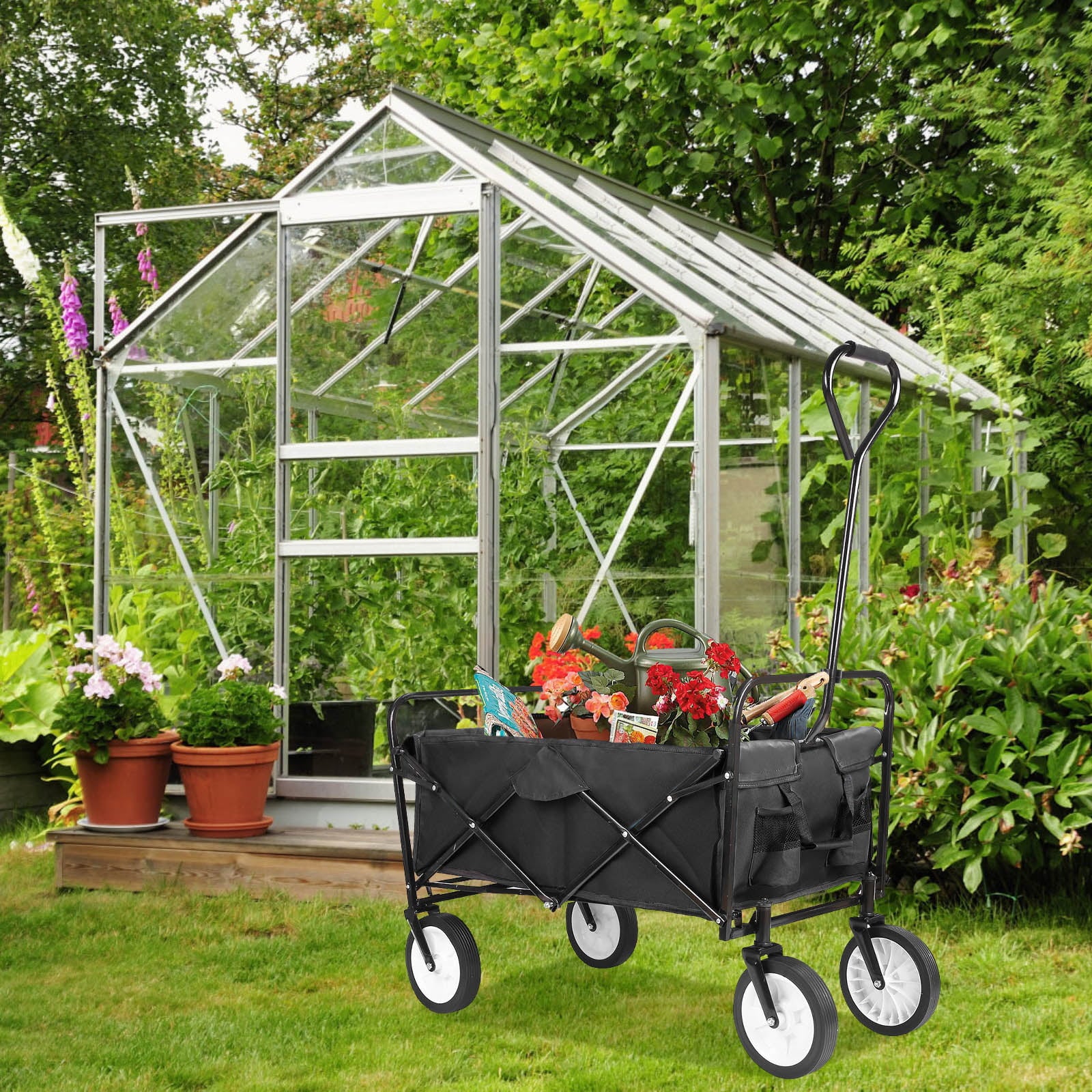 Arlopu Collapsible Utility Wagon Cart, Folding Grocery Cart, Heavy Duty Steel Wagon, Weight Capacity 150 lbs