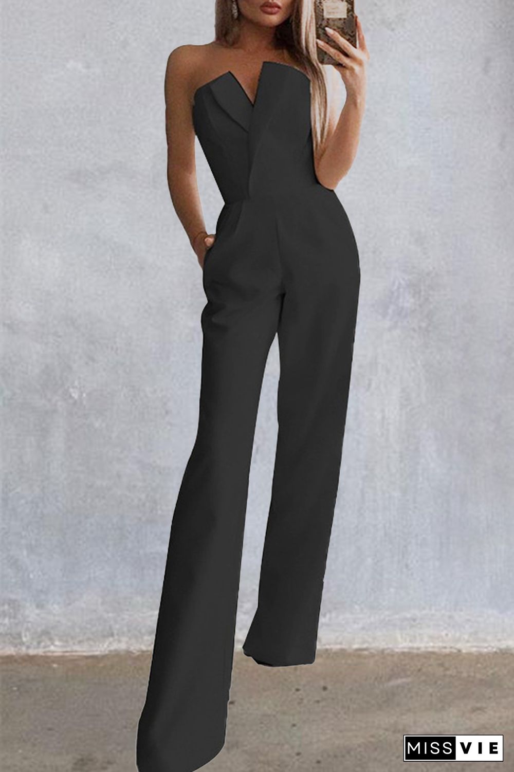 Casual Solid Patchwork Strapless Boot Cut Jumpsuits