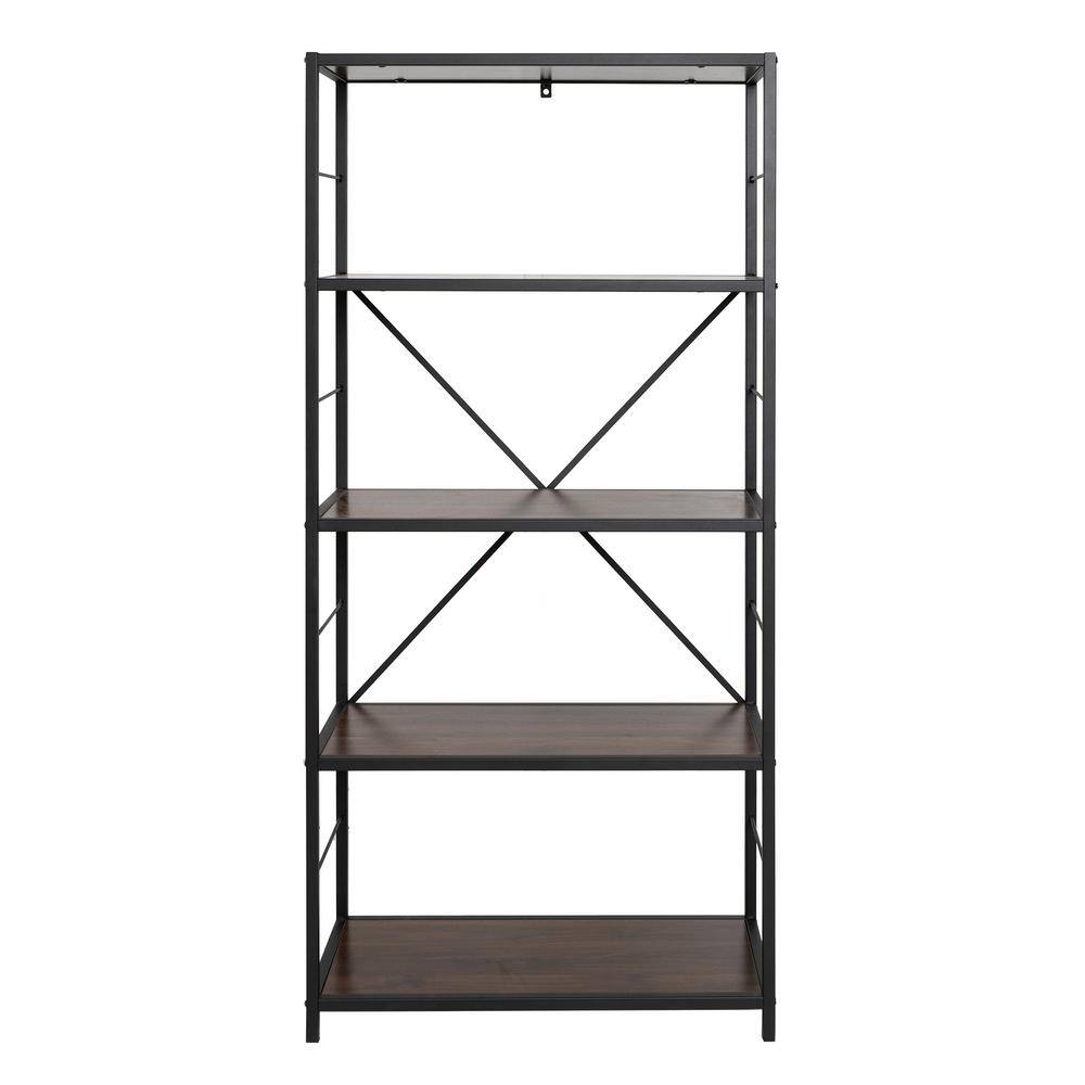 Walker Edison Furniture Company 63 in. Dark WalnutBlack Metal 4-shelf Etagere Bookcase with Open Back HDS60RMWDW