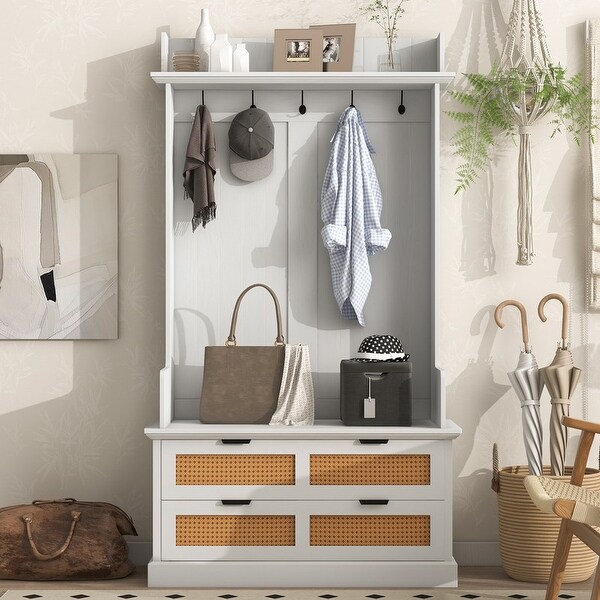 Vintage Style Mudroom Hall Tree with 5 Metal Hooks and 2 Large Rattan Element Drawers for Bedroom， Living Room， Entryway - - 37928523