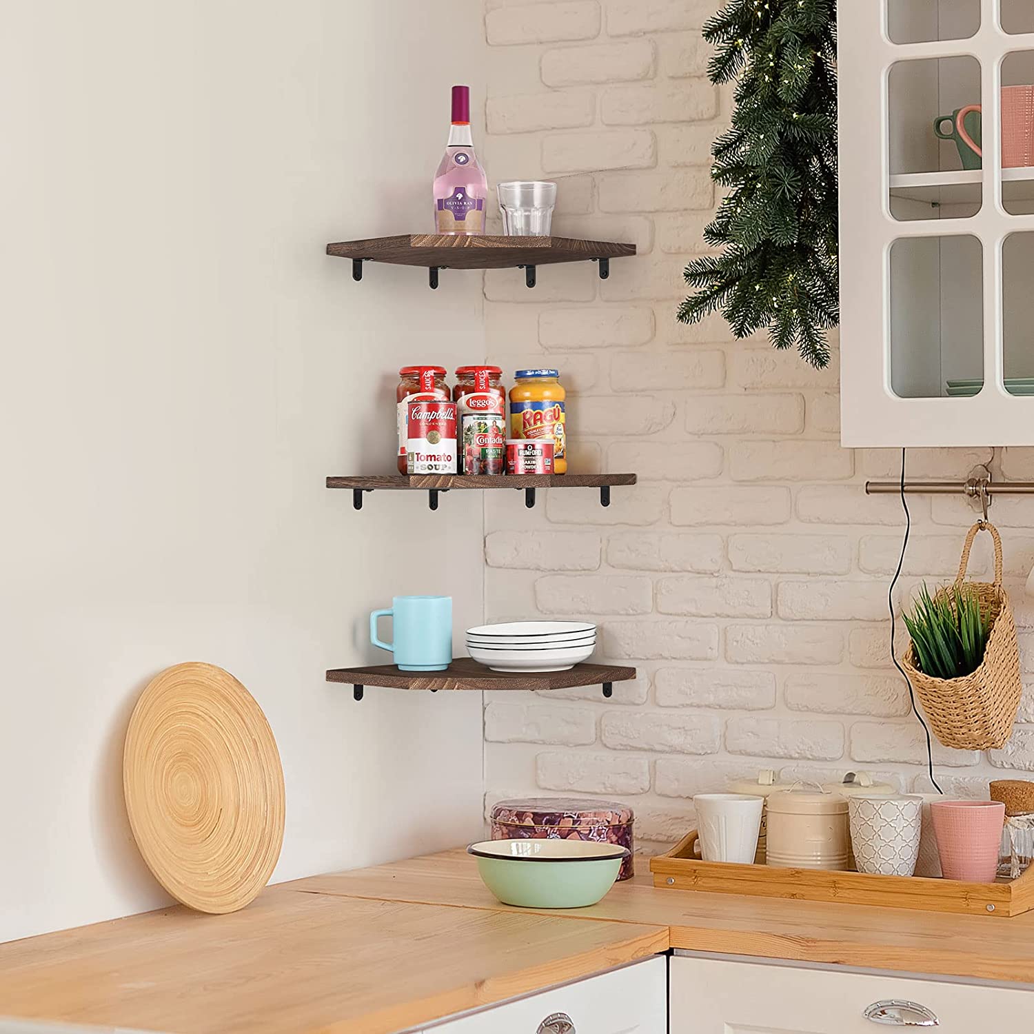 Set of 3 Floating Corner Shelves, Brown Wall Mounted Wood Shelves