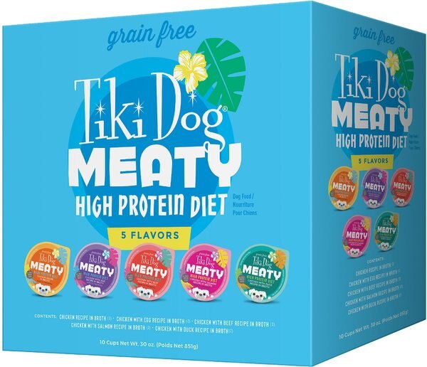 Tiki Dog Meaty High Protein Diet Variety Pack Grain-Free Wet Dog Food， 3-oz cup， case of 10