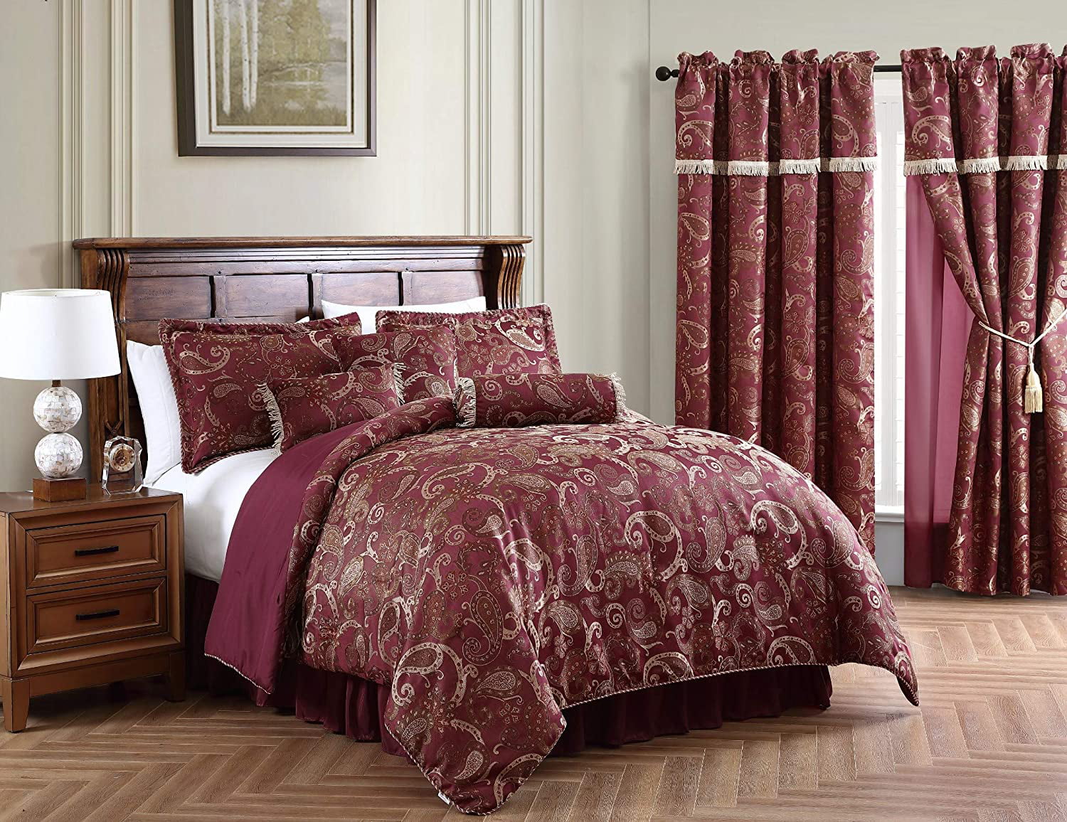 Chezmoi Collection Adelle 7-Piece Burgundy Paisley Jacquard Comforter Set， King