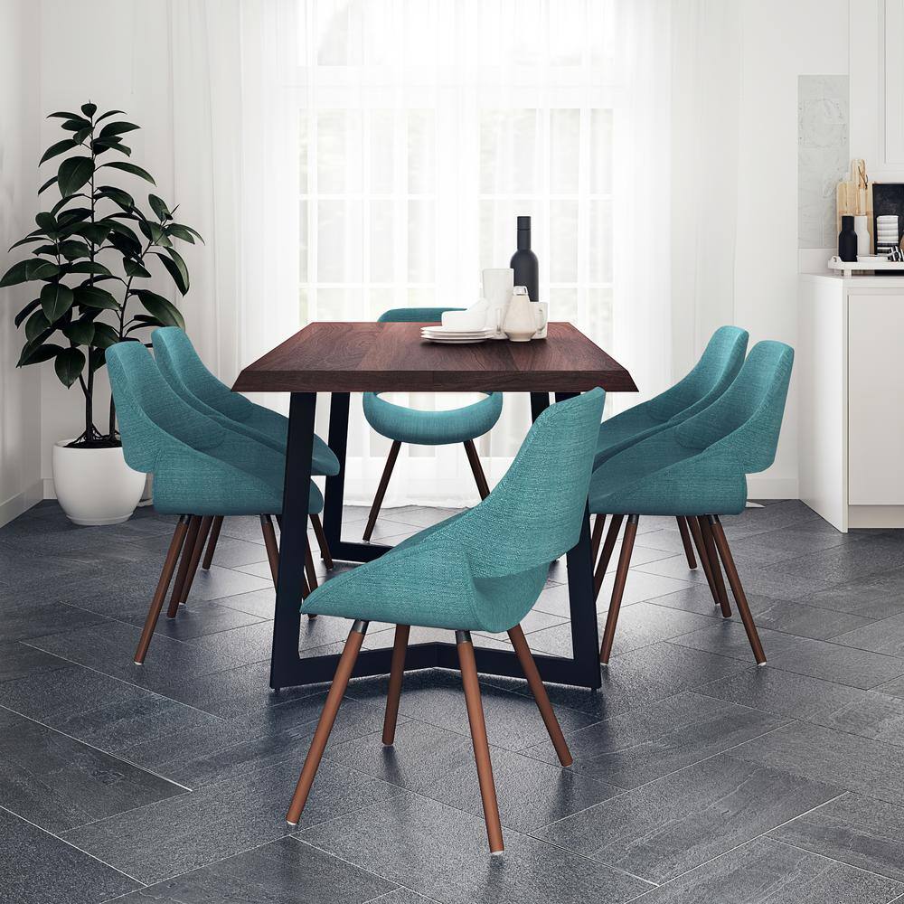 Simpli Home Malden Modern Industrial 7-Piece Dining Set w6 Upholstered Dining Chair in Turquoise Blue Woven Fabric  72 in.W Table AXCDS7MALNTB