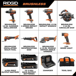 RIDGID 18V Brushless Cordless 8-Tool Combo Kit with (2) 2.0 Ah and (1) 4.0 Ah MAX Output Batteries and Charger R96264N