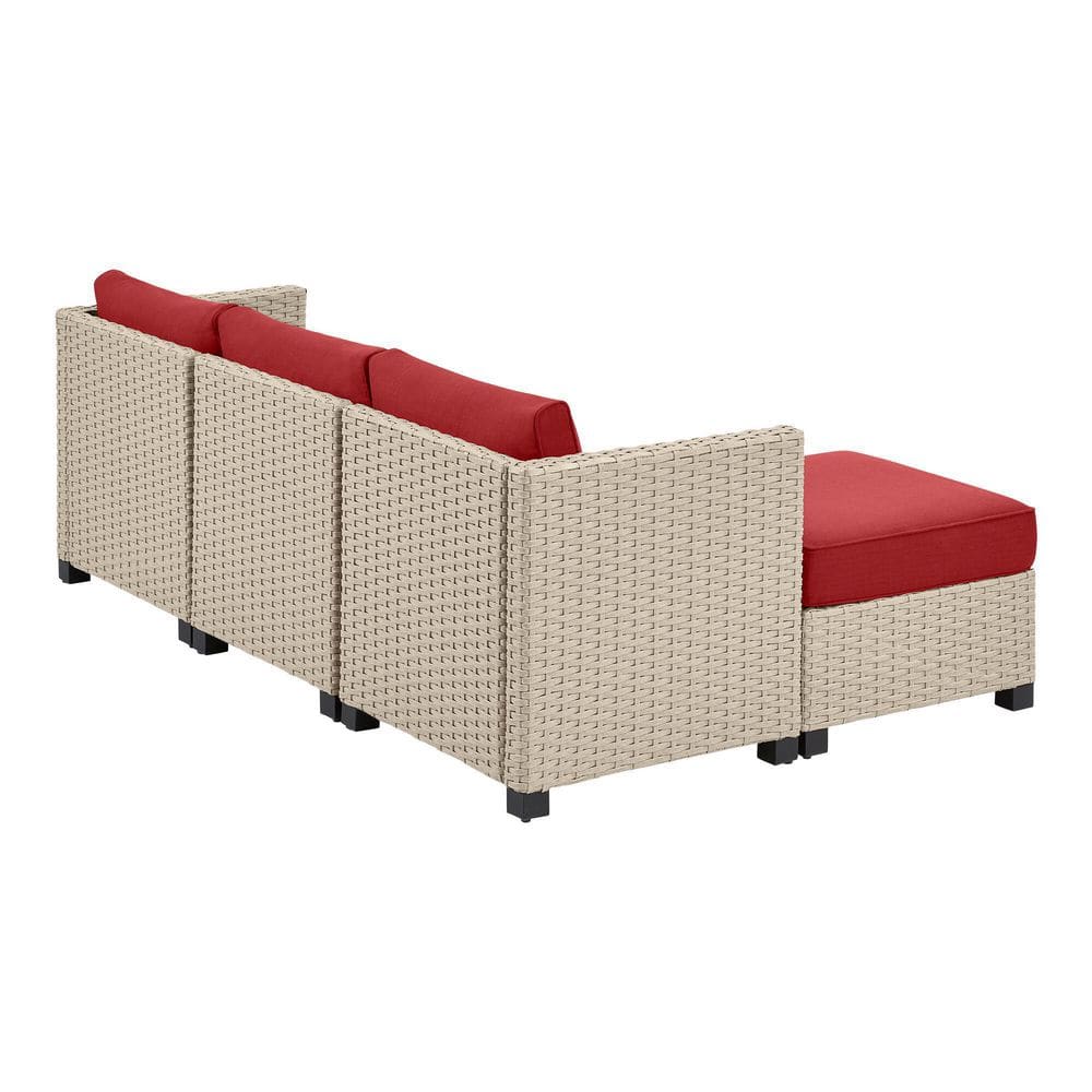 StyleWell Sandpiper Beige Stationary 4-Piece Wicker Patio Sectional Seating Set with Chili Red Cushions DE22869707172C