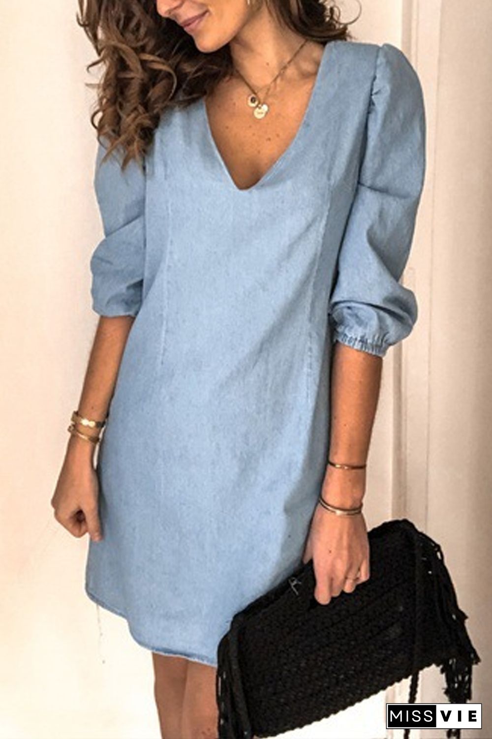 Denim Lantern Sleeve V-Neck Straight Dress