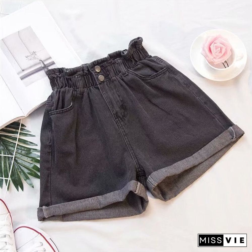 Denim Shorts Women Summer Korean Style Fashion Elastic High Waisted Shorts Oversize Ladies Loose Wide Leg Short Jeans for Woman