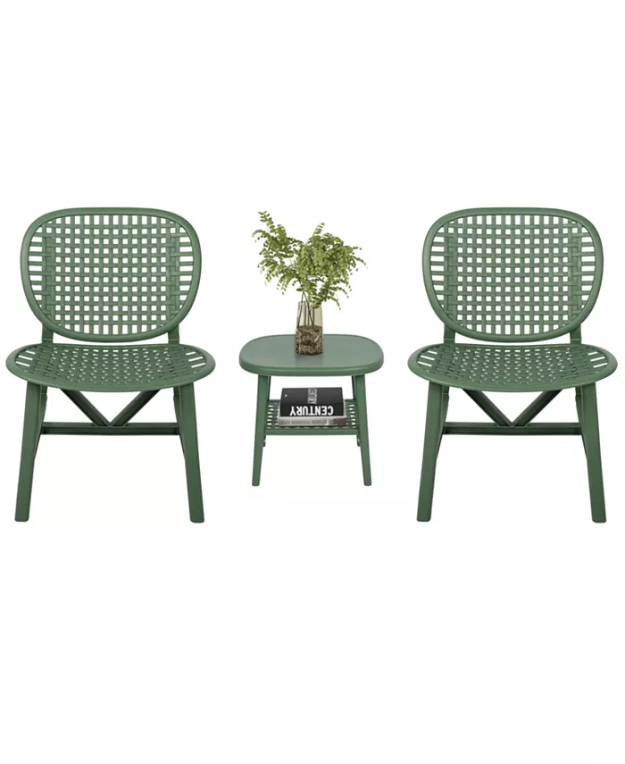 Simplie Fun 3 Pieces Hollow Design Retro Patio Table Chair Set All Weather Conversation Bistro Set Outdoor Table with Open Shelf and Lounge Chairs with Widened Seat for Balcony Garden Yard Green