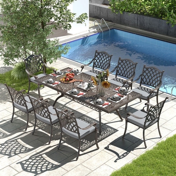 Aluminum 9Piece Outdoor Rectangular Dining Set with Cushions and Umbrella hole